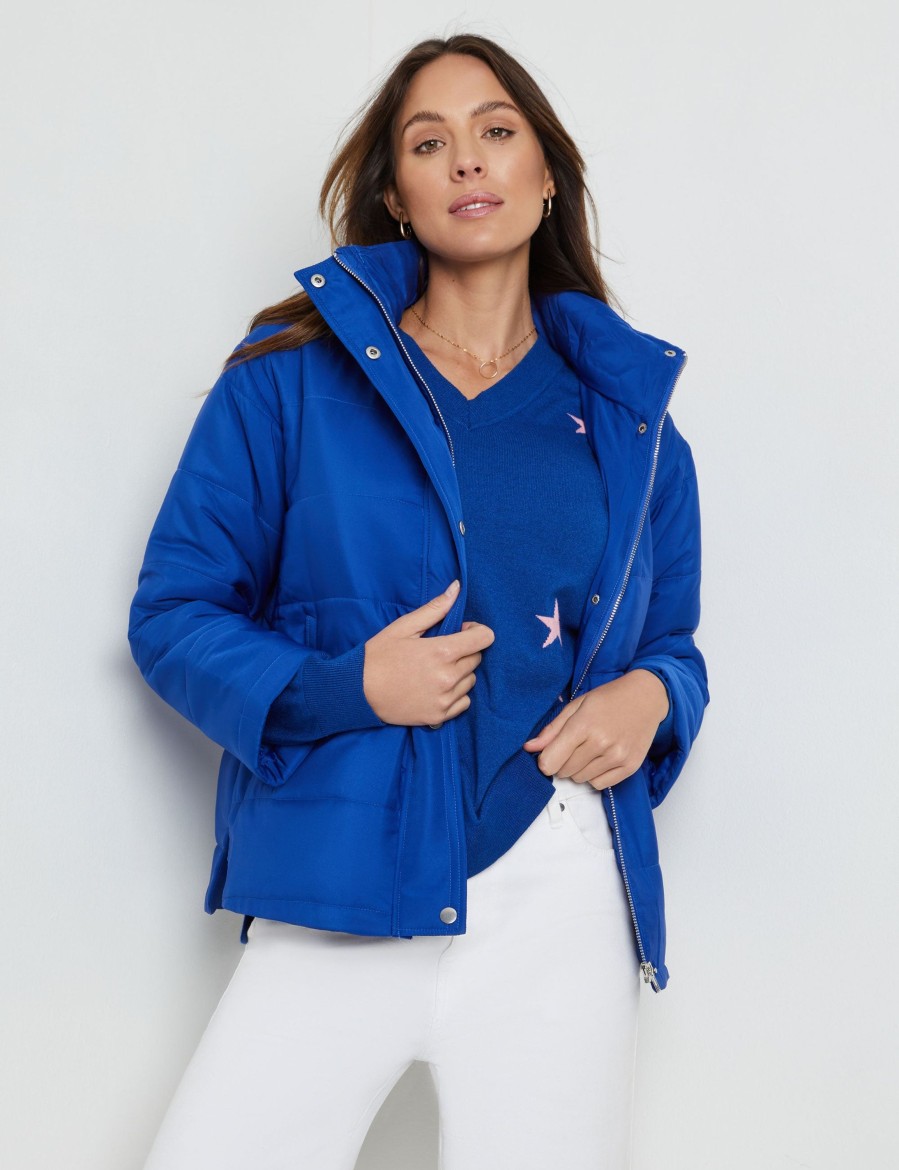 Clothing Katies Vests | Katies Curved Split Hem Puffer Jacket Bright Blue